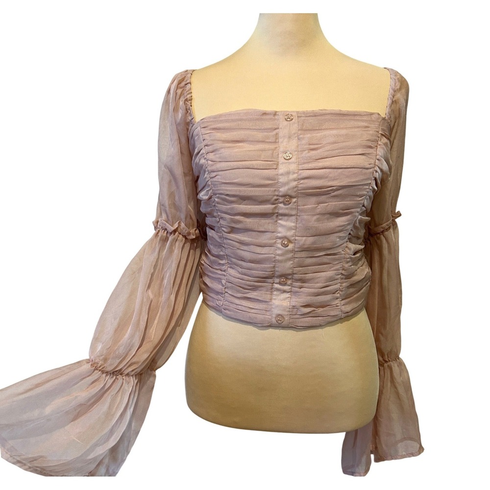 A'GACI Crop Top Sz M Pink Ruched Sheer Coquette Feminine Fairy Romantic Ren Fair